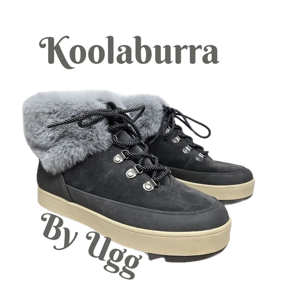 Koolaburra Gray Suede Faux Fur Lace-Up Ankle Boots